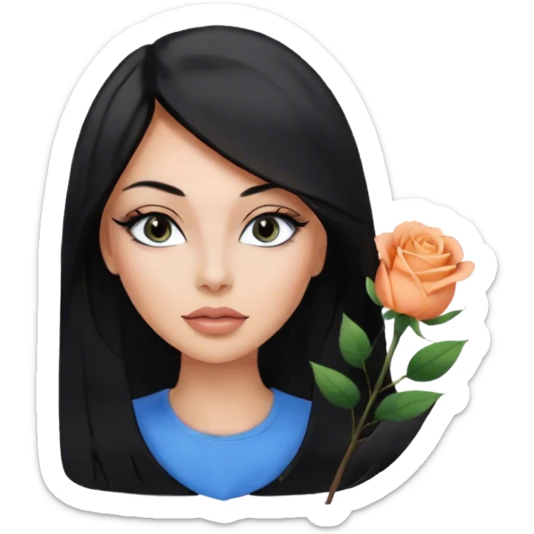 Glamours, tanned, very beautiful girl, with big pump peach-beige-rose lips, eyeliner, long lashes, black straight smooth silky long hair, straight parting hair, blue-grey eyes in black clothes for working profile sticker