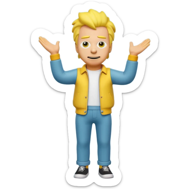 A 3D cartoon male character entirely in yellow, including skin, hair, and clothing, standing confidently, cheerful expression, full-body Memoji-style render with smooth shading, matching the Simpsons style. sticker