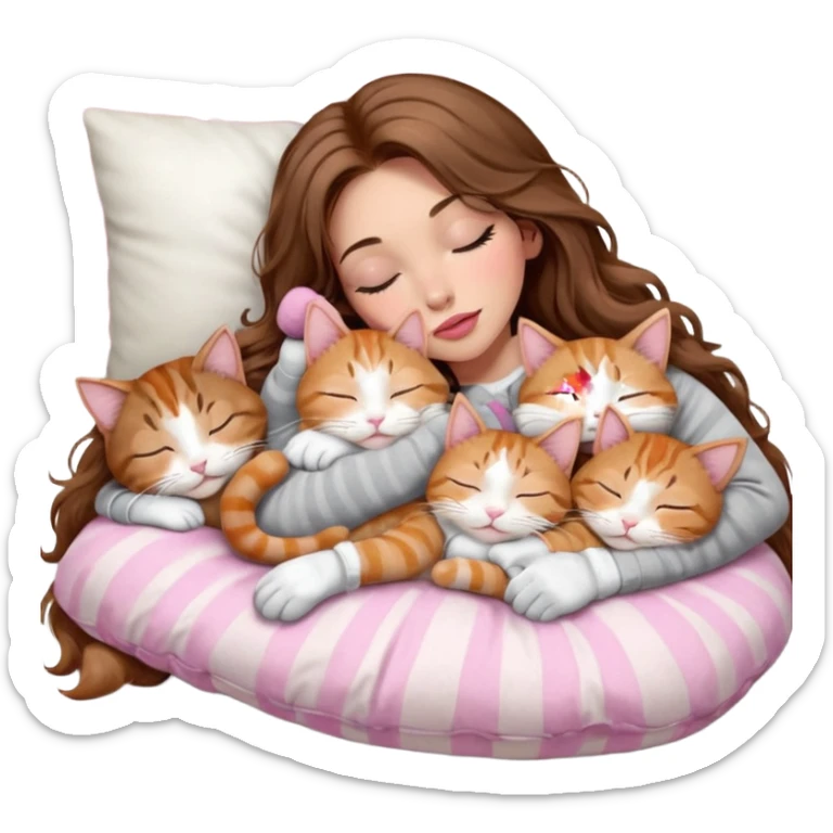 girl with long wavy brown hair, brown eyes, long lashes makeup, sexy pink lips, light to medium complexion,  sleeping on a cozy pillow, with 6 cats: 1 brown and white tabby cat, 1 ginger and white, 2 grey and white, 1 grey with white mittens and small white patch on chest and 1 calico, sleeping sticker