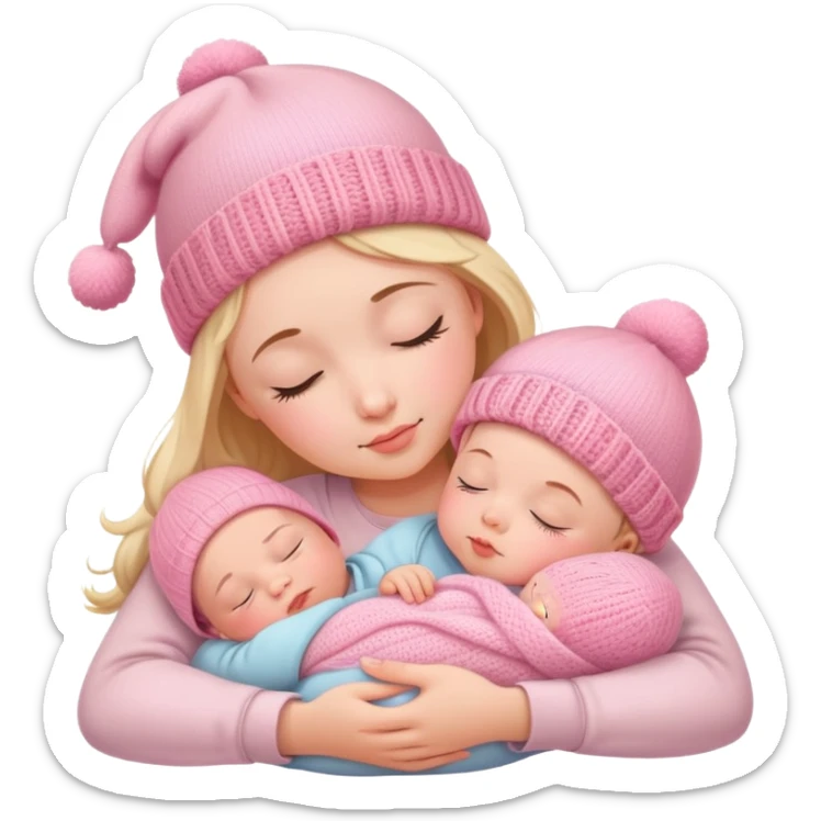 peaceful infant baby sleeping on mother's arm wearing cute pink knitted hat sticker