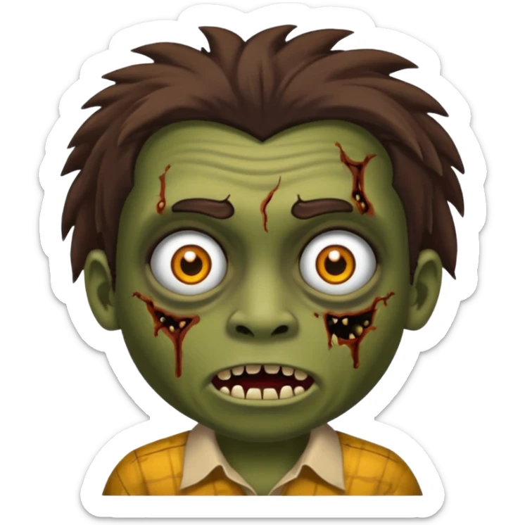 Um garoto zombie de cabelo castanho escuro, com o cabelo chegando no pescoço, com olhos castanhos esverdeados, de camisa branca sticker