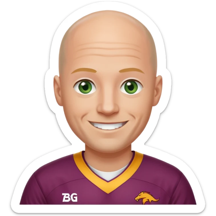 young-ish 50 year old man dressed in a brisbane broncos jersey, bald head, fair skin, happy face, blueish green eyes sticker