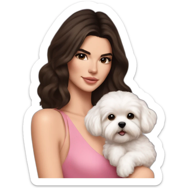 brunette Kendall Jenner with long hair holding white maltipoo in pink dress sticker