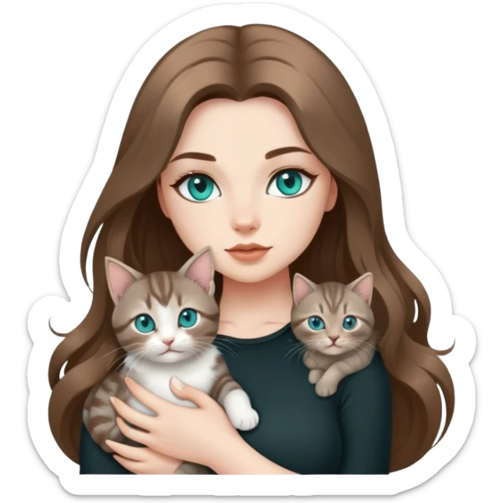 Hot curvy woman, teal eyes, long hair, with super cute kitten, she is white with brown hair, black top, the cat is a brown and grey tabby sticker