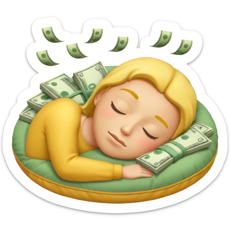 a round yellow IOS style emoji of a face sleeping on a pillow of money sticker