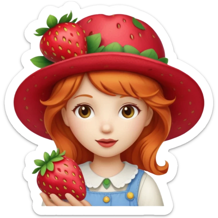 strawberry shortcake ginger girl holding a strawberry and wearing a strawberry hat sticker
