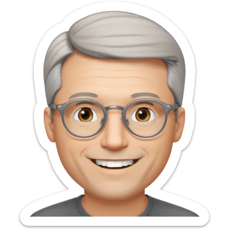 40 yr old pale white man, grey side swept hair, round glasses, big smile, white teeth, handsome, longer hair, thin glasses sticker