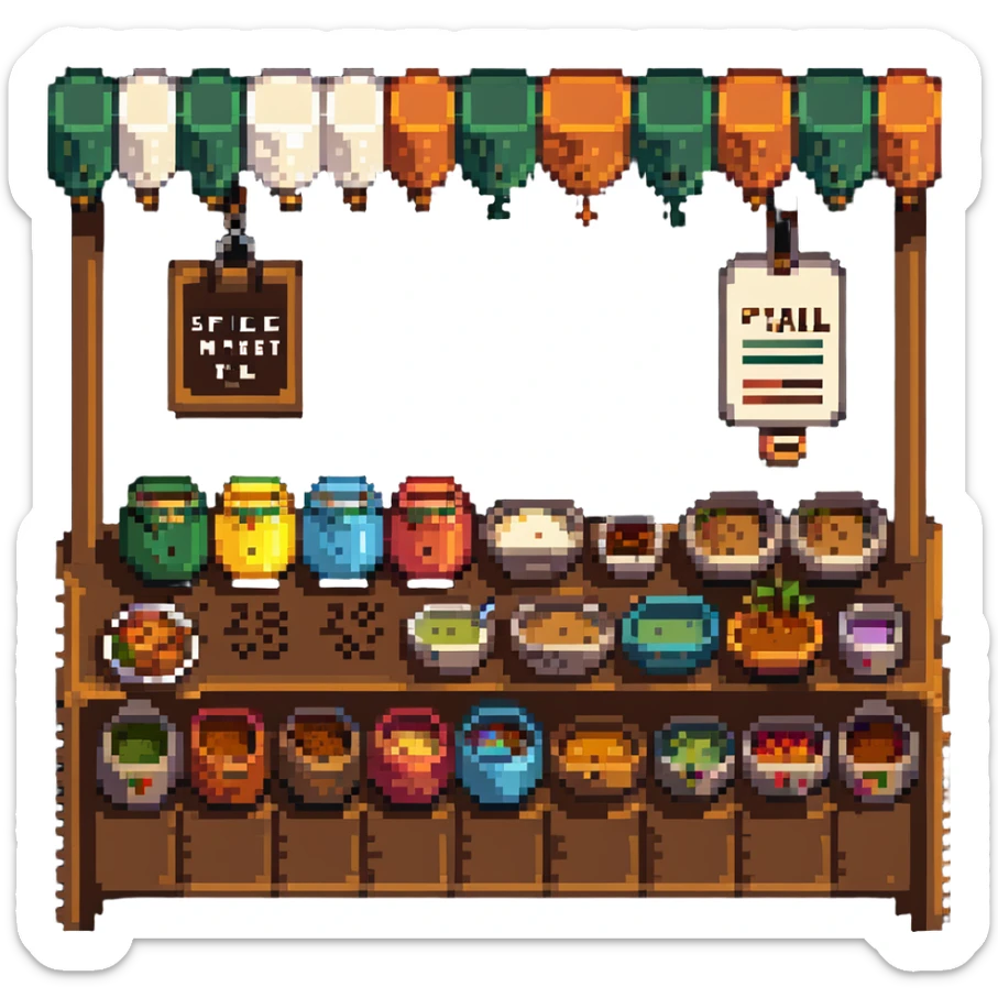 Spice market stall with colorful mounds of different spices sticker
