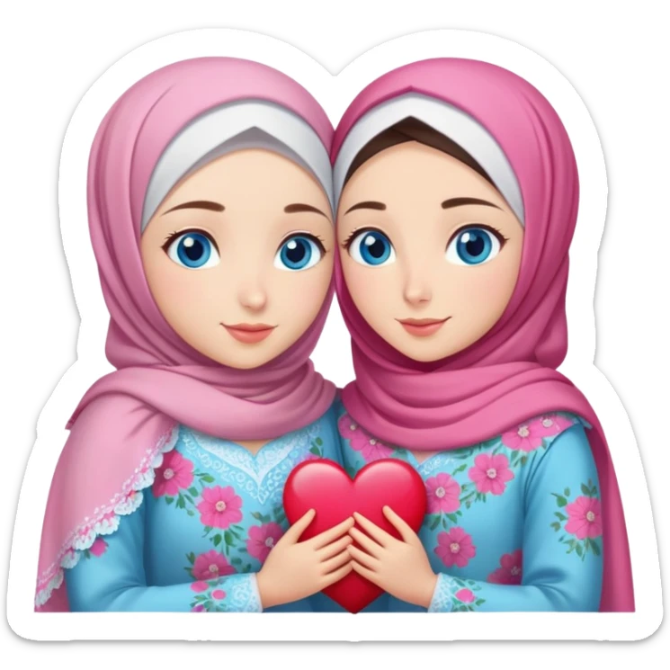 Two friendly Turkish girls beautiful finish Konya blue eyes with pink floral hijab and heart dress and hugs  sticker