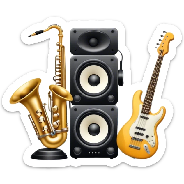 Icon for R&B Music Listening: large concert speakers and headphones with waves of musical notes coming out, along with drums and bass guitar and saxophone. The icon should convey the energetic and rhythmic vibe of R&B music. Transparent background sticker