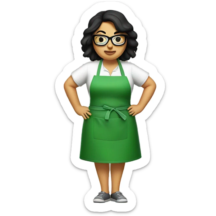 chubby lady with black hair green apron  with glasses cooking tacos sticker
