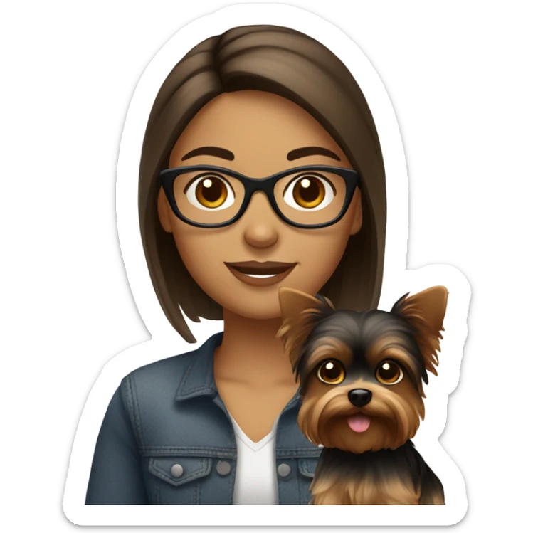 Hispanic, straight Brown hair, girl with glasses holding tan yorkie dog sticker