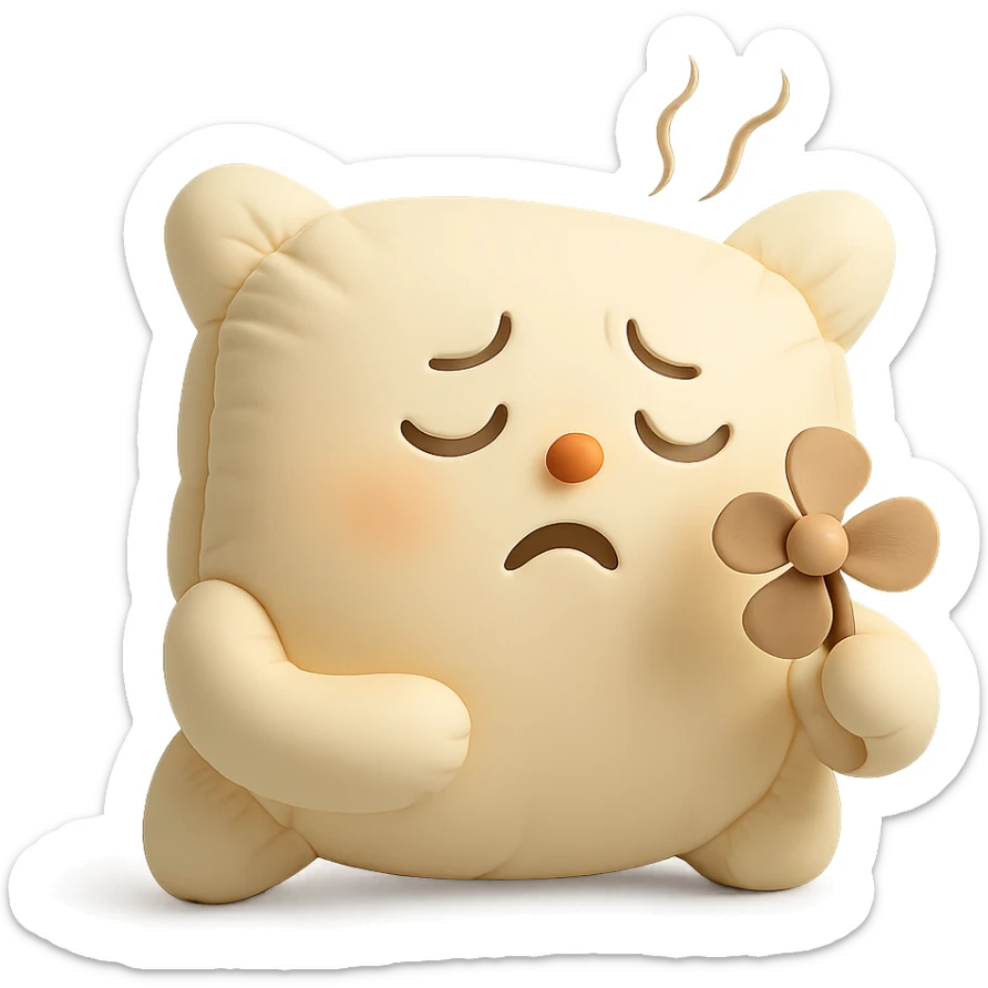 plush cushion face fanning itself, hot weather, stylized and cute, cushion style sticker