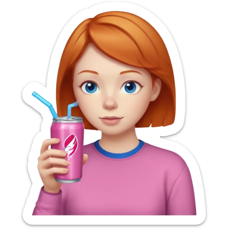 ginger woman short hair, pink shirt, sipping energy drink blue eyes cosy  sticker