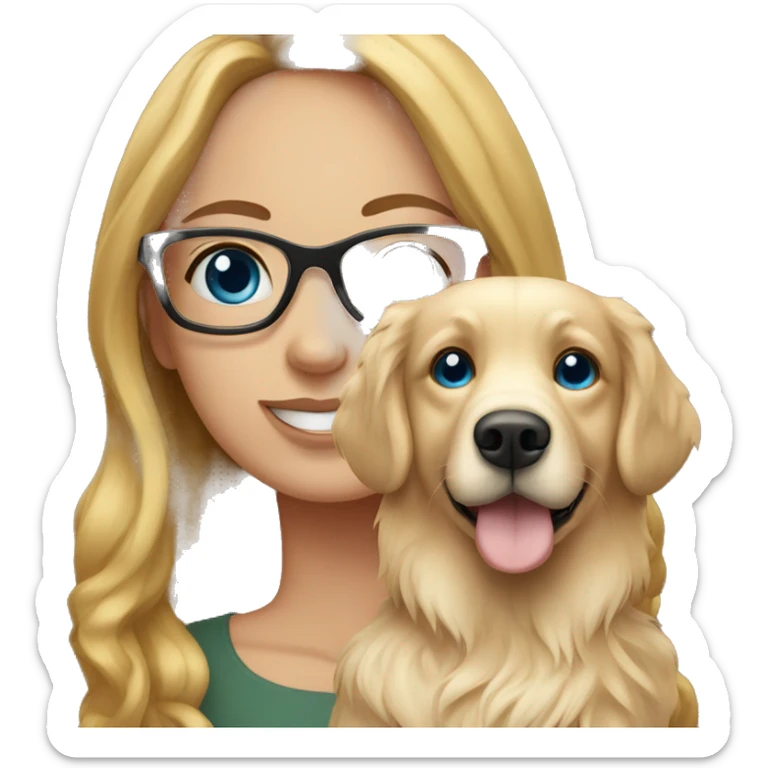 brunette lady with blue eyes and glasses holding a golden retriever  sticker