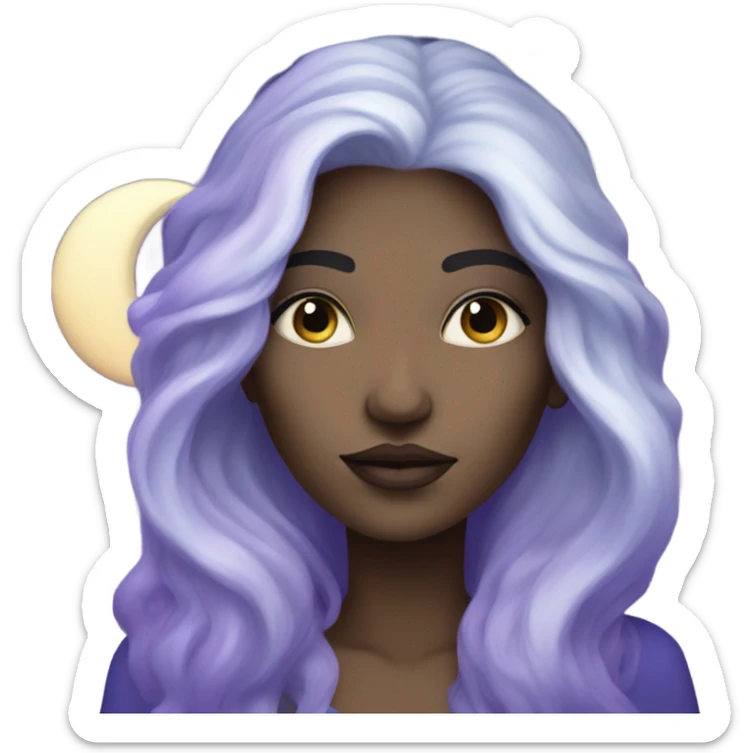 white mystical woman with sparkling galaxy hair with moon and stars in purple and blue shades sticker
