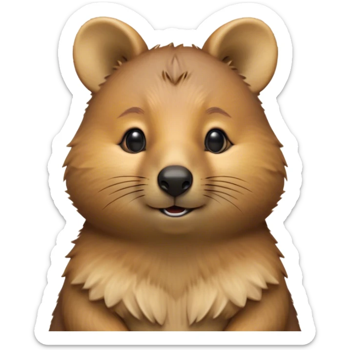 Cinematic Noble Quokka Portrait Emoji, Poised and regal, with a compact, endearing build and a smooth, well-groomed brown fur that glows with a hint of golden warmth, deep-set soulful eyes radiating kindness, Simplified yet sharp and sophisticated features, highly detailed, glowing with a soft, dignified glow, high shine, intelligent and joyful, stylized with an air of marsupial charm, focused and attentive, soft glowing outline, capturing the essence of a watchful and confident quokka, so majestic it feels as though it could bounce out of the screen with effortless authority! sticker