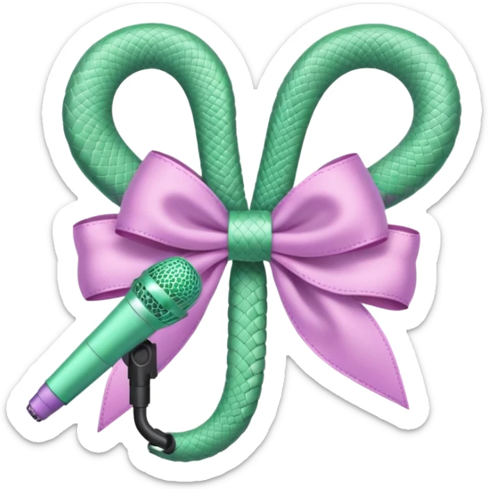 A pastel pink bow with a pastel green snake on the top of one side and a pastel purple microphone on the bottom of the other side sticker