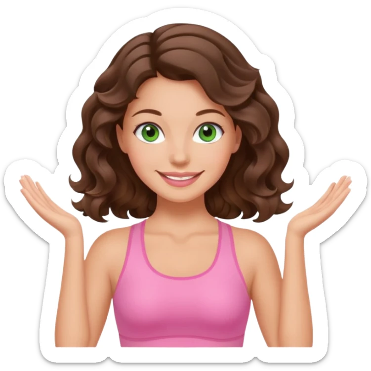 White, green-eyed, brunette cute feminine lady emoji with wavy hair doing pilates wearing pink pilates fit sticker