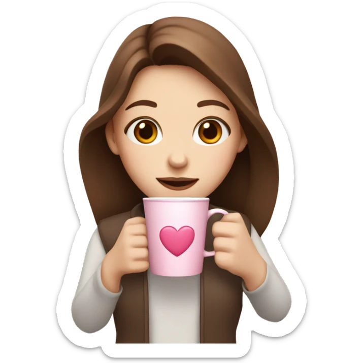 pale girl with brown hair holding a pink coffee cup with a heart in the middle sticker
