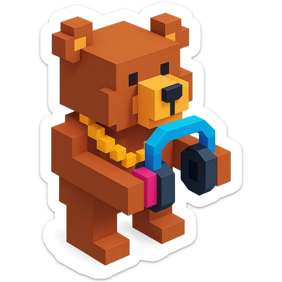 Russian grizzly bear with a rapper chain, holding DJ headphones sticker