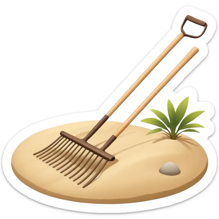 Minimalist emoji of a traditional Japanese zen garden rake (kumade) thin and balanced lines, natural light wood texture, soft sand-beige and warm neutral tones, flat vector style with subtle depth, centered composition, transparent background sticker