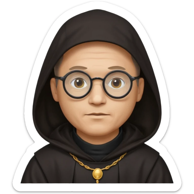 Monk priest prayer black habit with hood round black glasses done light brown wavy hair under hood remove the medallion smaller more round glassed age 46  sticker