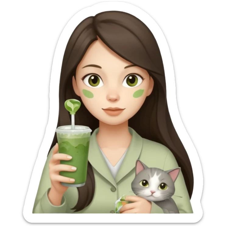 a brunette woman with long hair in here 30S drinking an iced matcha, carrying a grey cat and a map of the world sticker