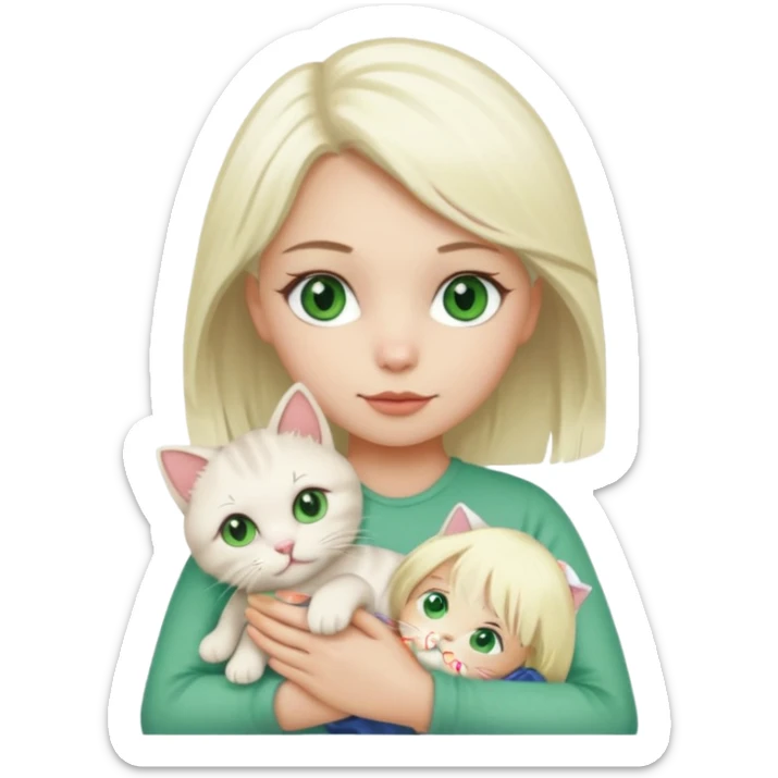 Platinum blonde hair girl with green eyes holding rag doll cat  sticker
