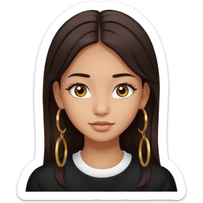 girl with brown asian eyes, long eyelashes, layerd mid length hair dark brown, tanned skin hoop earrings middle parting hair  sticker