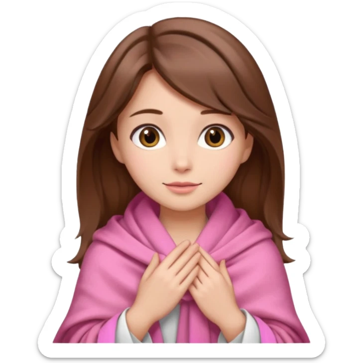 A girl with brown hair, wearing a pink shawl, has beautiful features and her hand rests on the shawl. sticker