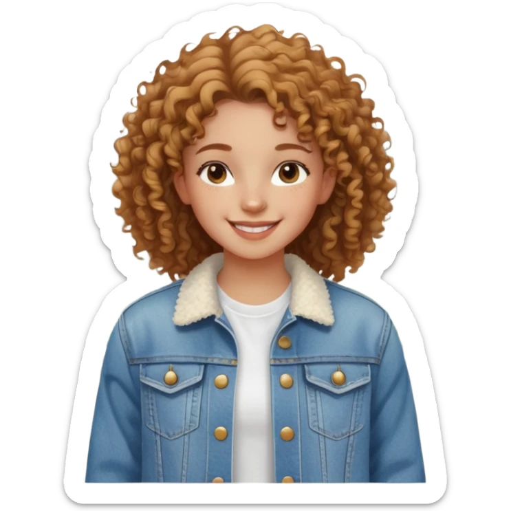 A half-body shot of a young girl with natural, curly hair and a radiant smile. She’s dressed in a casual white t-shirt and denim jacket, with a sunny outdoor background sticker
