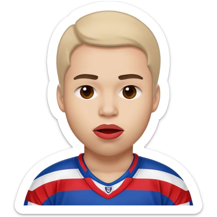 Jugadora de hockey con camiseta rayada horizontal de color azul, blanco y rojo, con gesto de labio mordiendose sticker