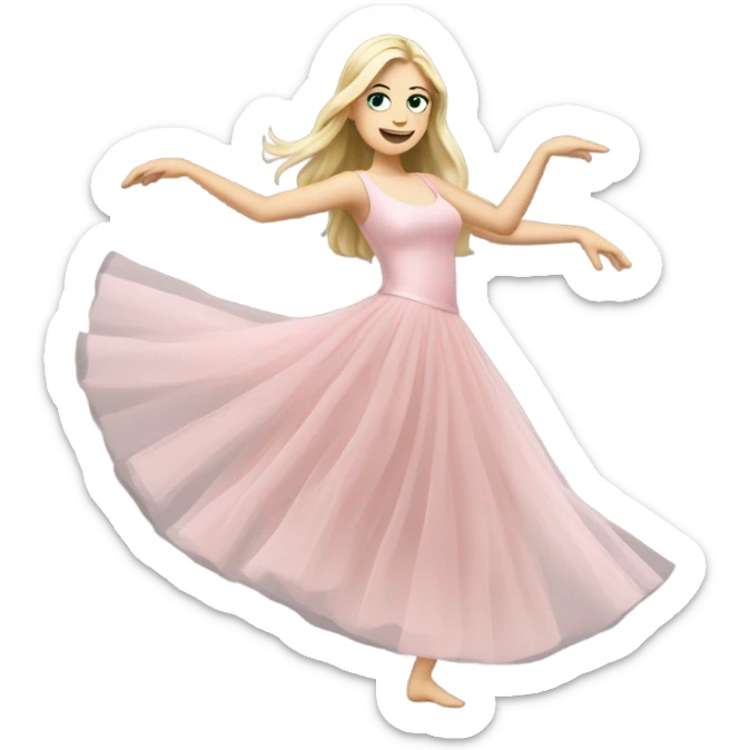 Realistic White woman with Long blonde straight hair and green eyes, full body wearing Long soft pink tiered tulle dress, dancing sticker