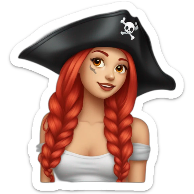 Woman long red platted hair on one side, other side of head is shaved. Tattoo under shaved hair. pirate hat, skull and crossbones t shirt sticker