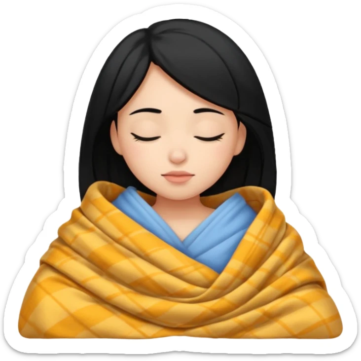 girl with black hair and light skin sleeping with a blanket onemoji sticker