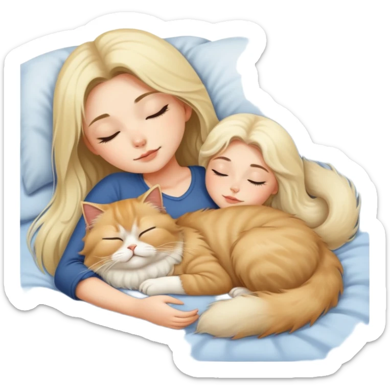 pretty girl with dark long hair sleeping with blonde fluffy  persian cat in bed sticker