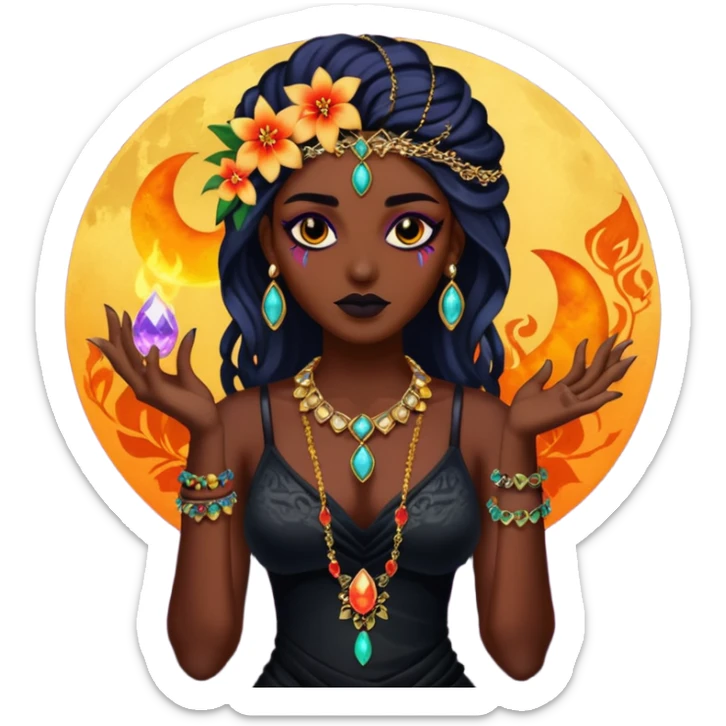 Multicolored gloomy moonshine dark edgy spooky hot warm badass realistic floral exotic Falvie-Fionbri-animal, full body, wearing jewelries sticker