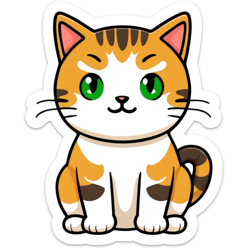 Brown, white, and black tabby cat with green eyes sitting to show its white belly, adorable sticker style sticker