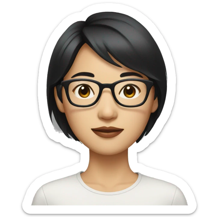 An asian woman with black hair short hair wearing clear glasses and no lipstick  sticker