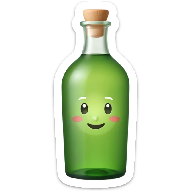 A clean, cute emoji-style green soju bottle, small Korean soju bottle with green glass, simple label in Korean style, minimal flat design, soft shading, centered, white or transparent background, high contrast, rounded friendly emoji look, 1:1 aspect ratio, app icon style sticker
