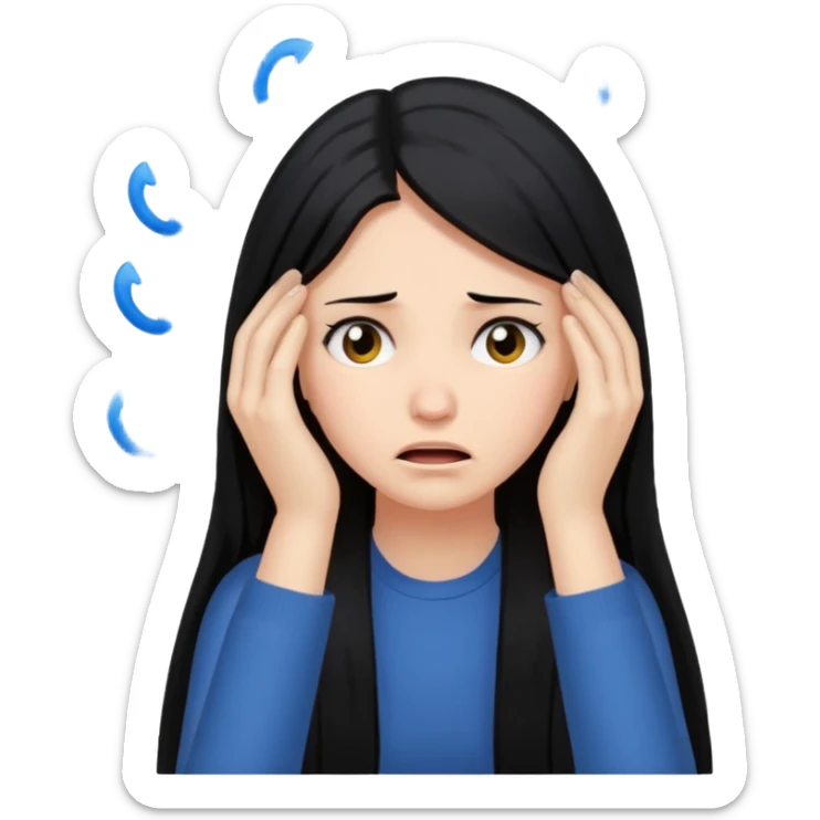 emoji of a woman with long black hair, anxious, hands clutching head, mental breakdown sticker
