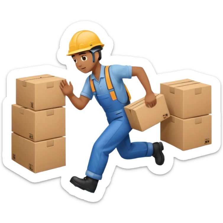 Animación educativa sobre un accidente laboral en un entorno industrial. Un trabajador de fábrica, con casco pero sin otros elementos de protección personal, resbala en un piso mojado y cae al suelo mientras transporta una caja. sticker