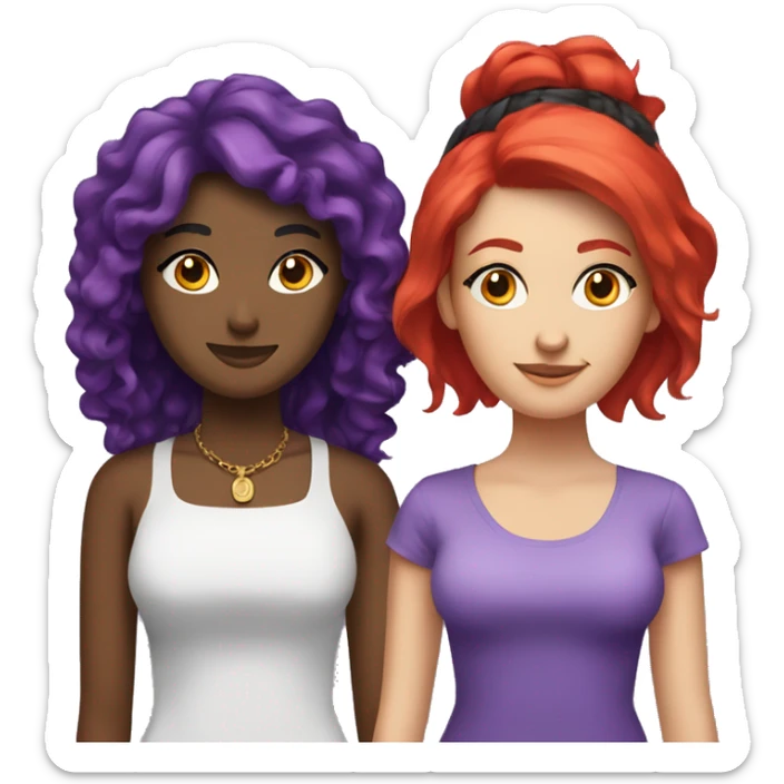 Two girlfriends one with red hair and the other with black hair with purple moneypieces  sticker