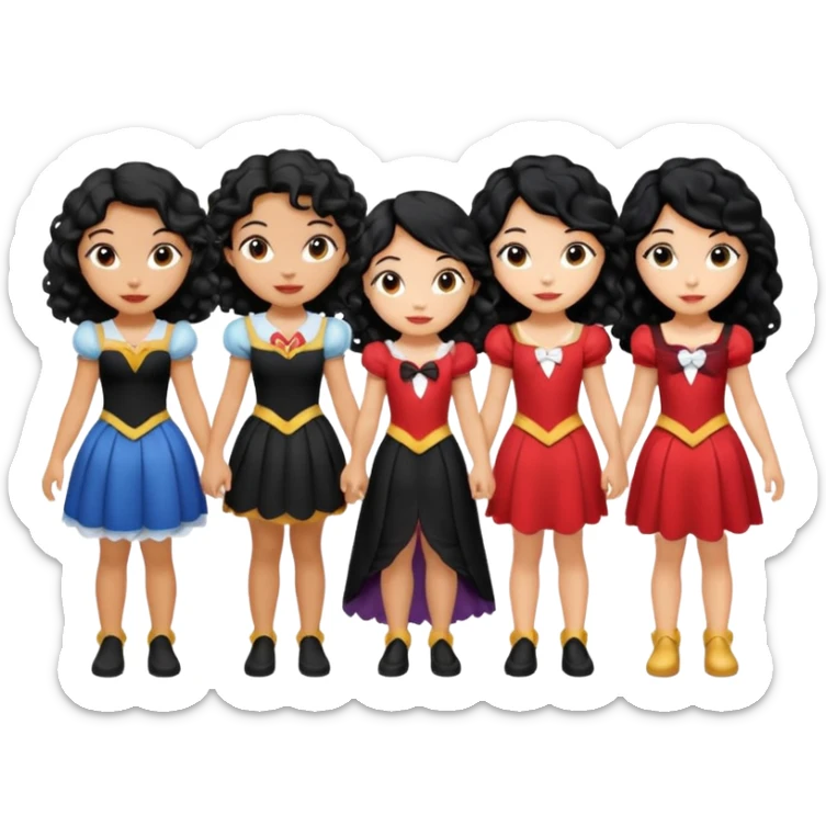 Haz algo relaciono con Disney donde haya quatre chicas con el tono de piel carne, una con el pelo rizado largo, una con el pelo muy corto negro, una con el cabello ondulado mediano y la otra con el pelo negro largo sticker