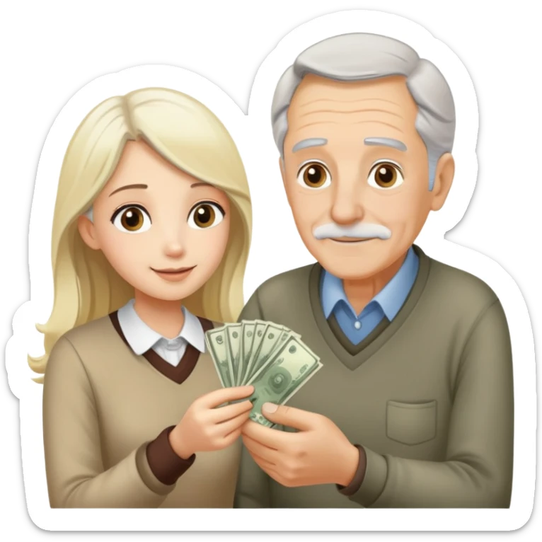 Kind elderly grandfather with gray hair giving money to a pretty blonde young woman who needs financial help, supportive family moment sticker