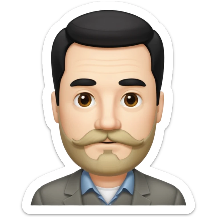 50 yr old white man, pale skin black hair with some grey highlights, side swept part, groomed moustache and beard sticker