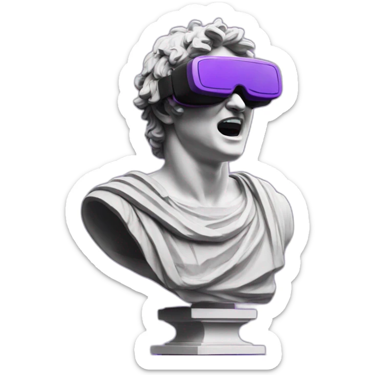 an EMOJI OF A ancient young greek statue, wearing VR headset, shouting purple colors,  sticker