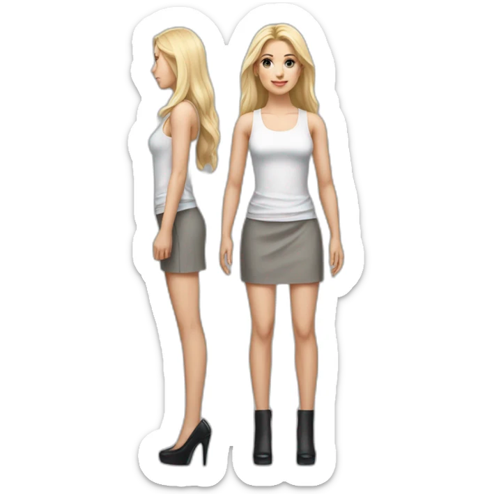 hyperrealist caucasian, long blonde hair, brown eyes, woman, white strap tank top, gray tight mini skirt, black high heels, full body sticker