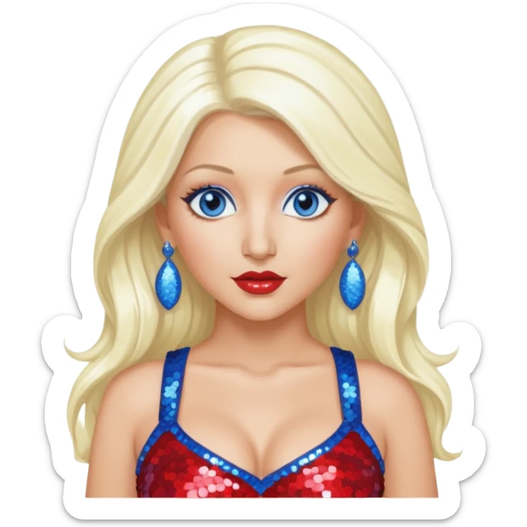 Christina Aguilera with long platinum blonde hair, periwinkle sequin crop top, red sequin pants, blue eyes sticker